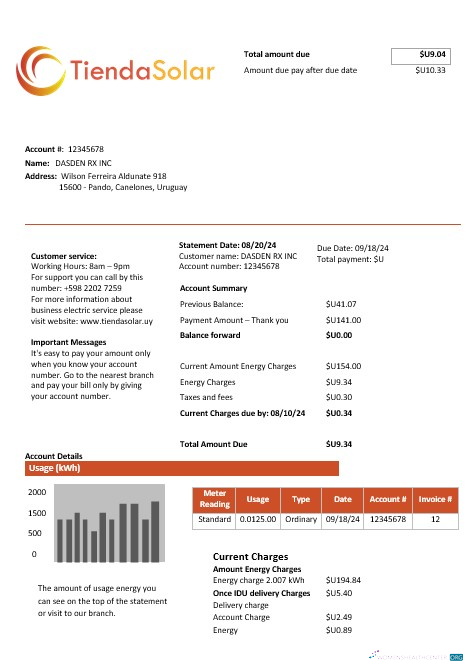 Download Uruguay TiendaSolar business utility bill template in Word and PDF formats Photoshop template